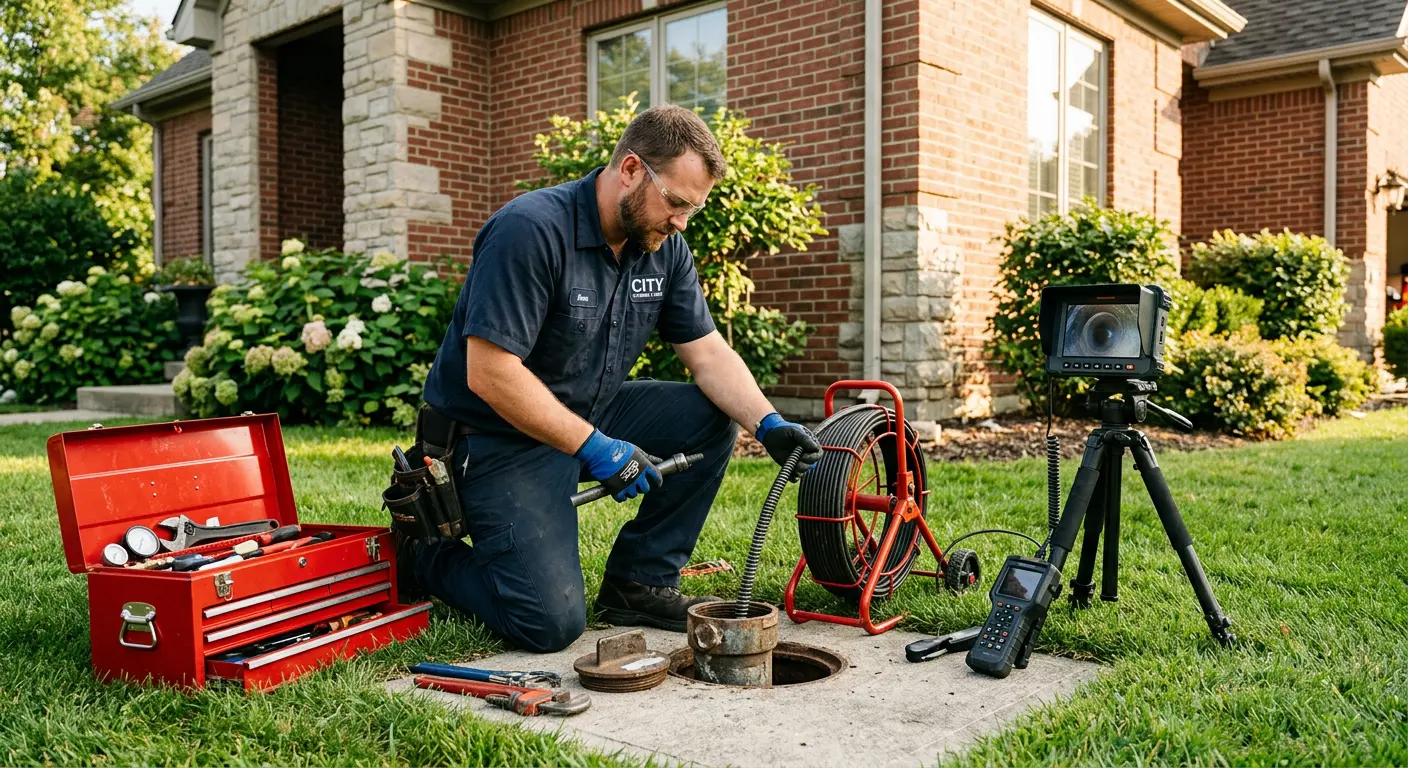 Sewer specialist with camera equipment servicing a cleanout in La Plata