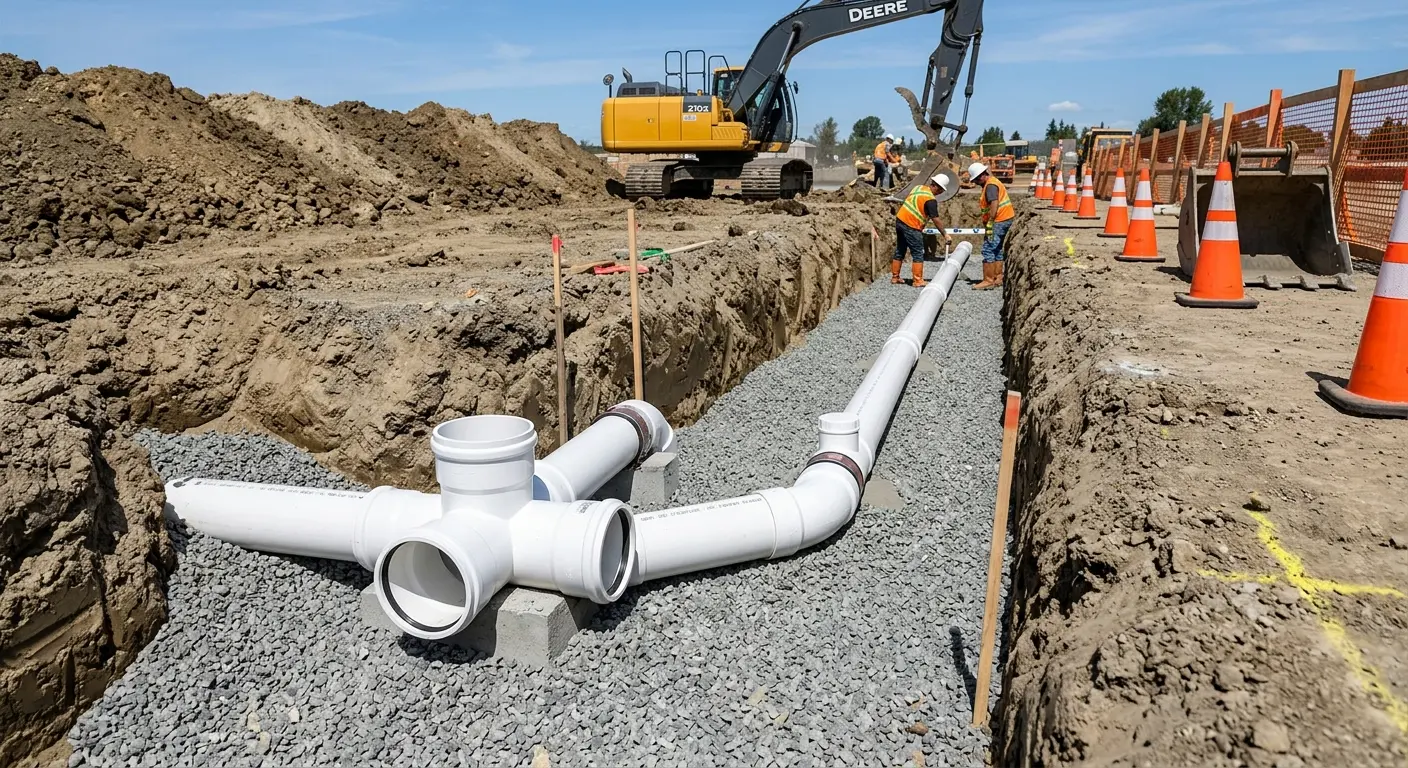 New PVC sewer pipe installation in open trench for Grease Trap Cleaning in La Plata