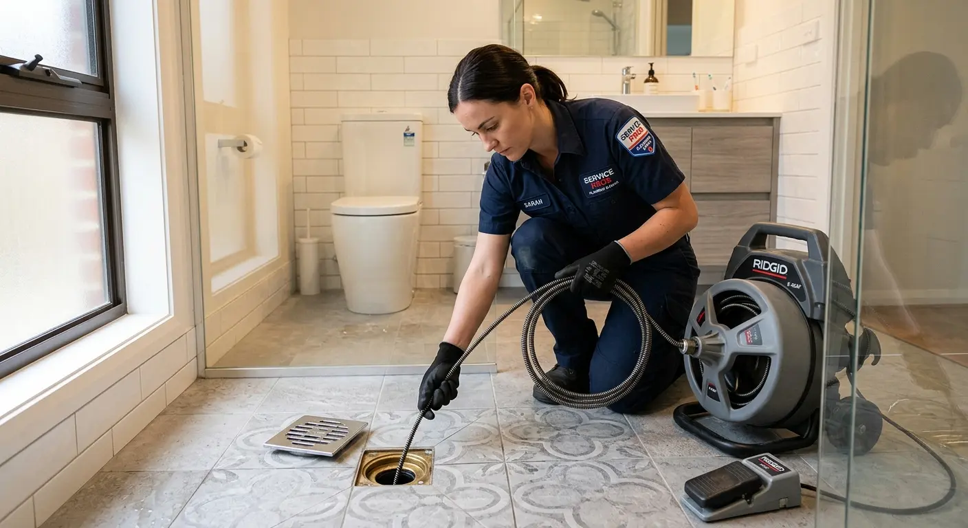 Technician clearing a bathroom floor drain for Drain Repair in La Plata